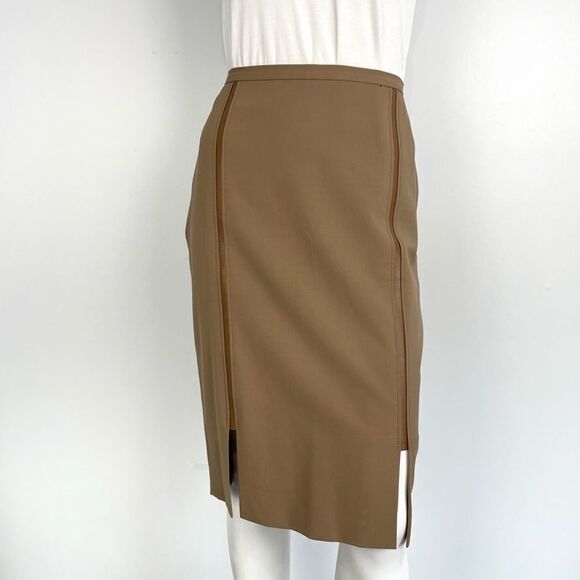 Gianfranco Ferre Tan Wool Blend Leather Trim Skirt Suit Sz 8 - Picture 4 of 16